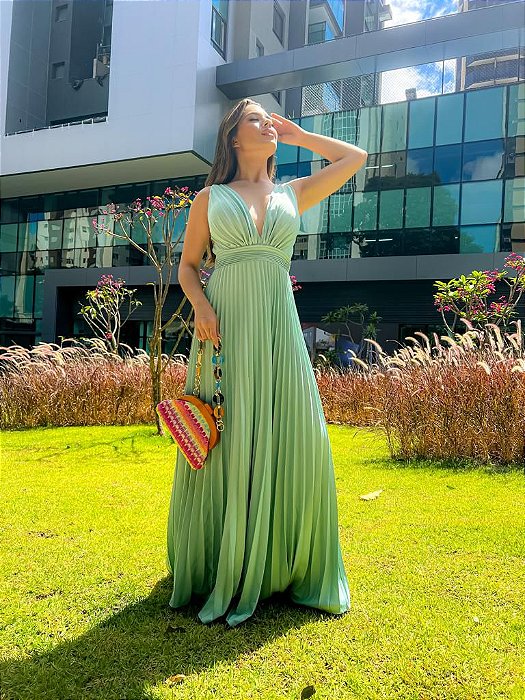 VESTIDO LONGO TODO PLISSADO RECORTE NAS LATERAIS VERDE MENTA ELAE