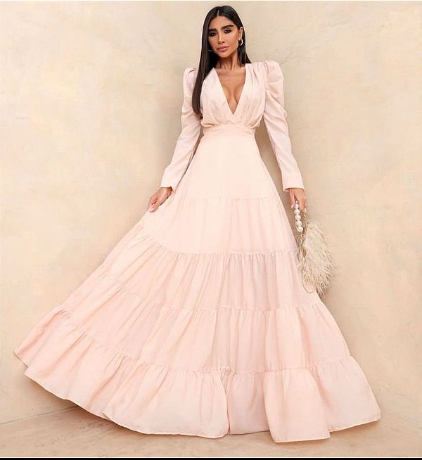 VESTIDO LONGO CREPE DE SEDA DECOTE V MANGA LONGA SAIA COM BABADO ROSE MB