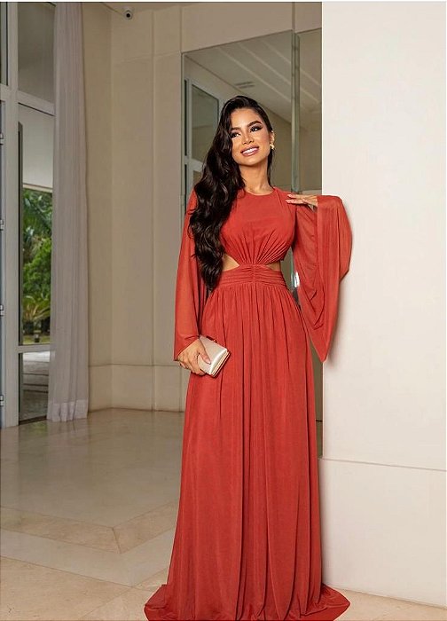 VESTIDO LONGO MICROTULE MANGA FLUIDA COSTAS VAZADA COM AMARRAÇÃO TERRA COTA