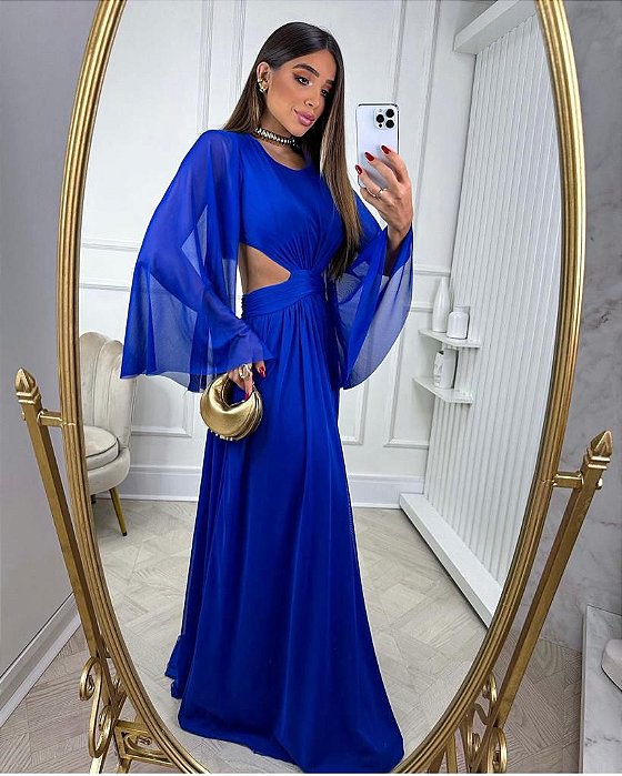 VESTIDO LONGO MICROTULE MANGA FLUIDA COSTAS VAZADA COM AMARRAÇÃO AZUL ROYAL