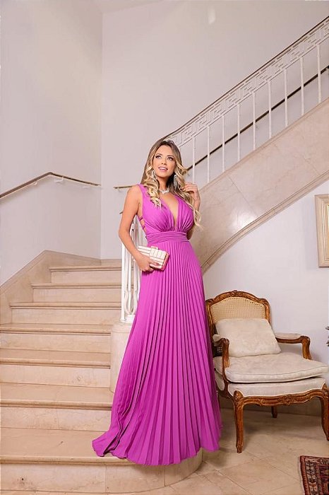 VESTIDO LONGO TODO PLISSADO RECORTE NAS LATERAIS FUCSIA ELAE