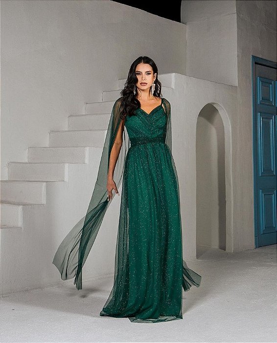 VESTIDO LONGO MICROTULE COM GLITTER BUSTO DRAPEADO MANGA CAPA DETALHE CINTURA VERDE FLORESTA