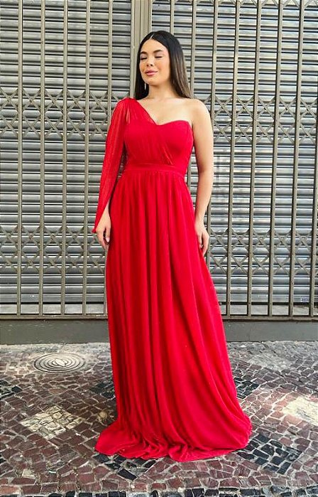 VESTIDO LONGO MICROTULE COM GLITTER UM OMBRO SO COM CAPA VERMELHO JV