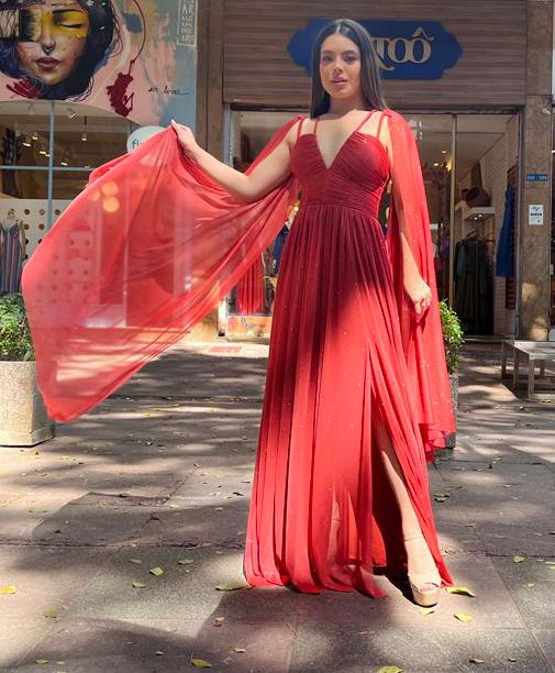 VESTIDO LONGO LUREX ESTILO CAPA ALÇA COM DETALHE EM TRANCINHA FENDA TERRA COTA NT