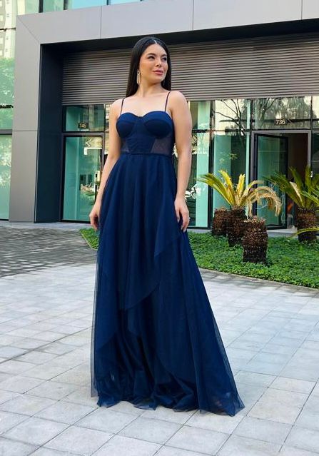 VESTIDO LONGO MICROTULE COM GLITTER ESTILO CORPETE DETALHE TRANCINHA CINTURA AZUL MARINHO NT