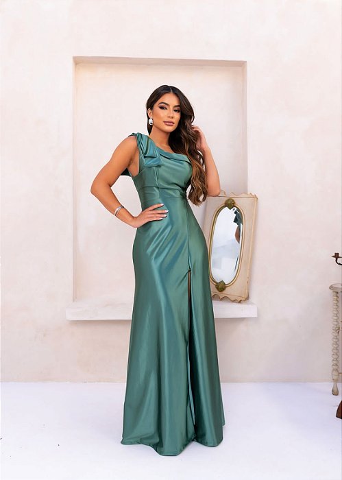 VESTIDO LONGO CETIM COM ELASTANO UM OMBRO SÓ LAÇO FENDA LATERAL VERDE MUSGO