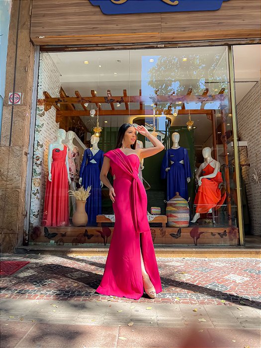 VESTIDO LONGO ZIBELINE COM TOQUE  DE SEDA  FENDA E LAÇO COM AMARRAÇÃO FUCSIA