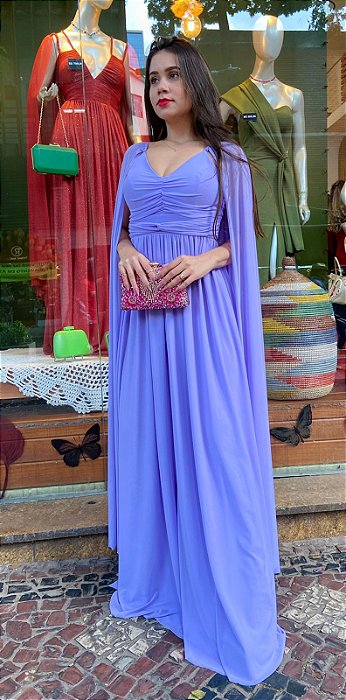 VESTIDO LONGO MICROTULE ESTILO CAPA COM DRAPEADO BUSTO E DETALHE CINTURA LAVANDA
