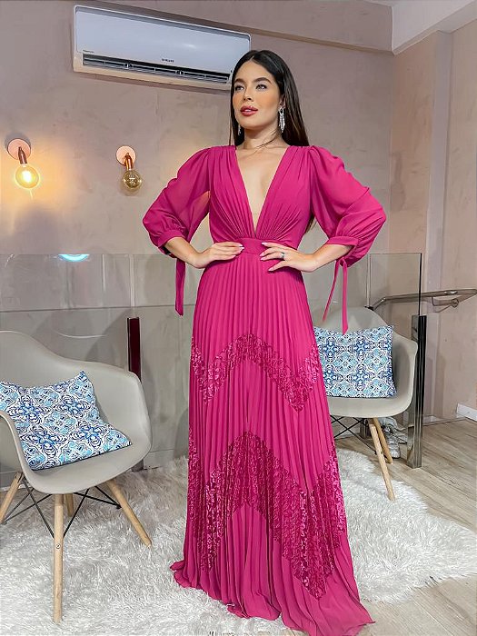 VESTIDO LONGO CHIFFON MANGA LONGA SAIA PLISSADA COM DETALHE EM RENDA FUCSIA PR