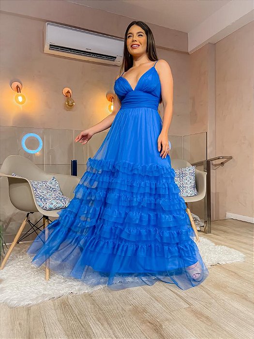 VESTIDO LONGO MICROTULE CAMADAS NA  SAIA ALCINHA FINA AZUL ROYAL KO