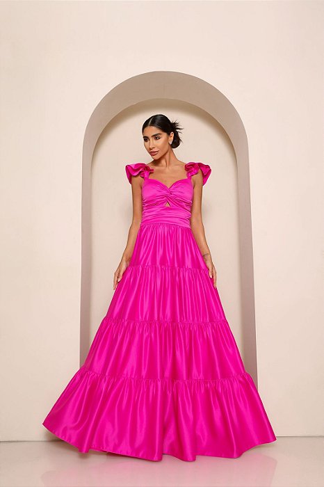 VESTIDO LONGO DE CETIM COM BABADO DE ALÇA  CIGANINHA  DECOTE  DRAPEADO PINK