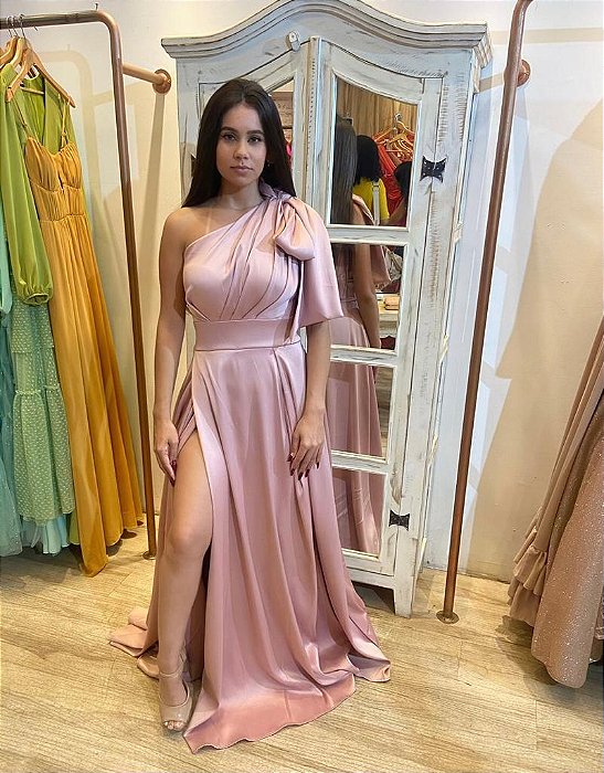 VESTIDO LONGO ZIBELINE UM OMBRO SO COM AMARRAÇÃO FENDA ROSE