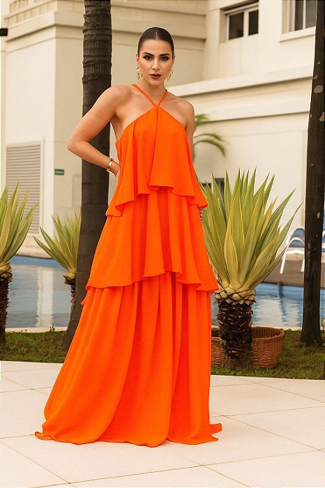 VESTIDO LONGO CREPE DE SEDA EM CAMADAS ALCINHA CORAL