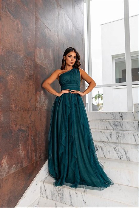 VESTIDO LONGO MICROTULE  UM OMBRO SÓ LAÇO COM DETALHE DRAPEADO NA CINTURA SAIA BABADO VERTICAL VERDE ESCURO