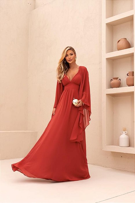 VESTIDO LONGO CHIFON MANGA CAPA BUSTO EM V TERRA COTA