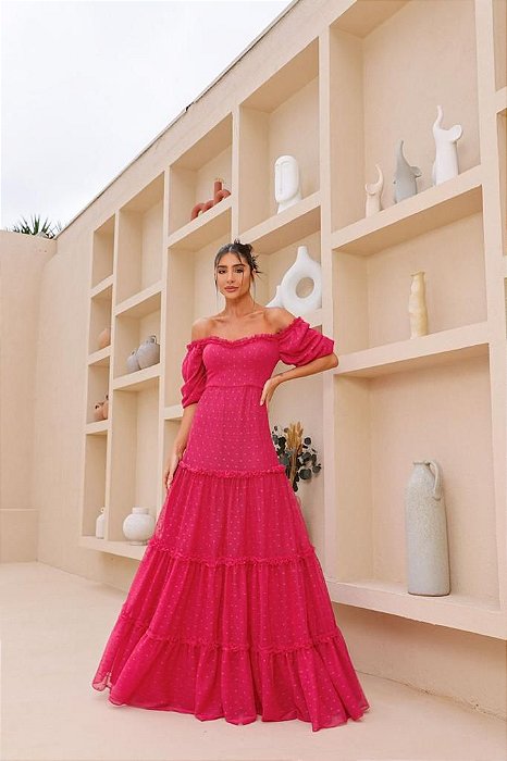 VESTIDO LONGO MICROTULE DE POA  BUSTO CORAÇÃO COM MANGA BUFANTE SAIA BABADO PINK