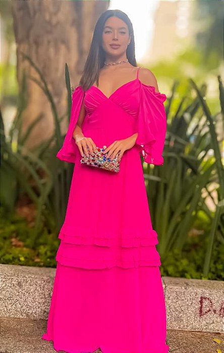 VESTIDO LONGO MICROTULE COM BABADO NA SAIA BUSTO EM V ALCINHA DE AMARRAÇÃO PINK