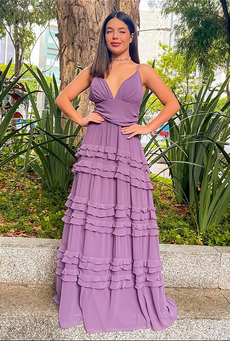VESTIDO LONGO MICROTULE BABADO SAIA DECOTE EM V LAVANDA
