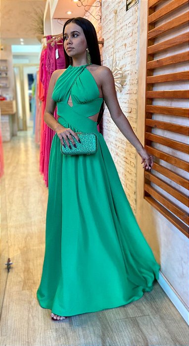 VESTIDO LONGO CREPE BUSTO TRANSPASSADO COSTAS VAZADAS FENDA LATERAL VERDE BANDEIRA