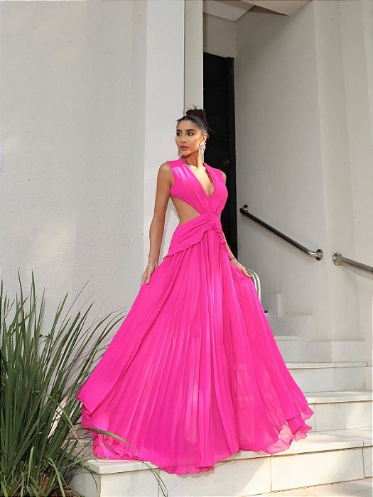 VESTIDO LONGO CHIFON  ALÇA LARGA BUSTO V ABERTURA LATERAIS COSTAS VAZADA  SAIA BABADO PINK
