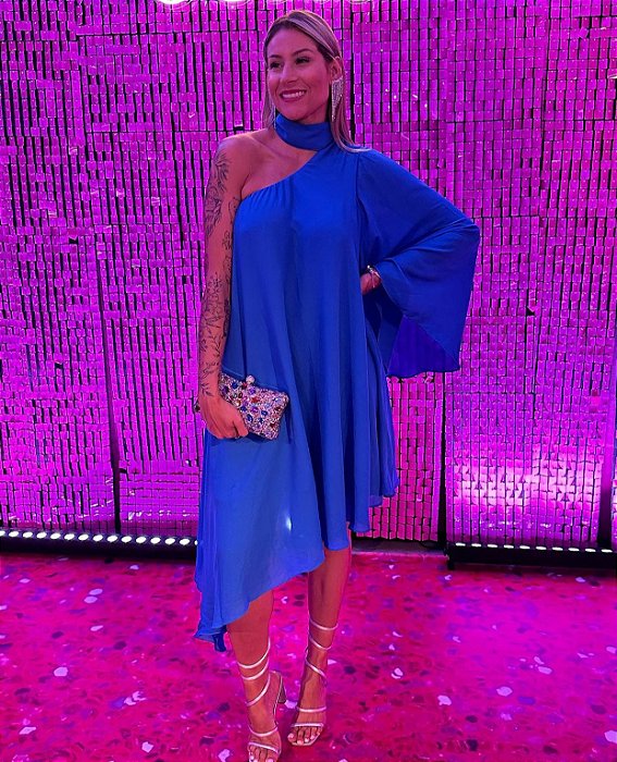 VESTIDO NEW MIDI UM OMBRO SÓ COM MANGA BARRA IRREGULAR AZUL ROYAL