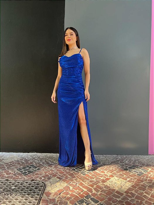 VESTIDO LONGO LUREX ESTILO SEREIA FENDA LATERAL ALÇA FINA COM REGULAGEM  AZUL ROYAL