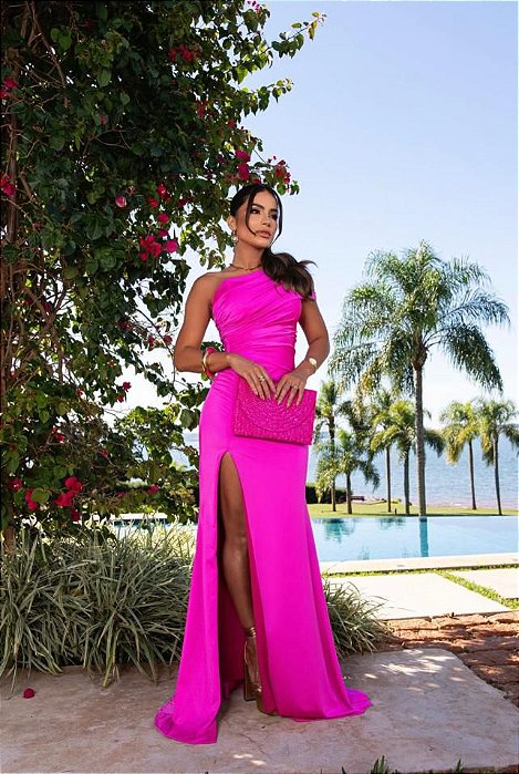 VESTIDO LONGO SEDA OMBRO SÓ COM FENDA PINK JM