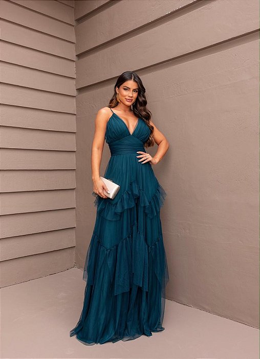 VESTIDO LONGO MICROTULE  FINA SAIA COM BABADO EM CAMADAS VERDE PETROLEO