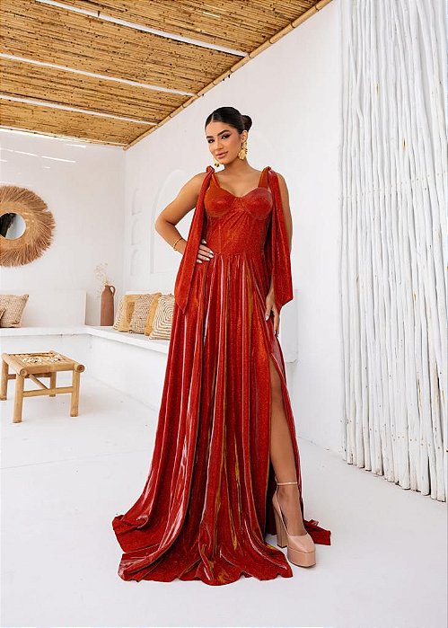 VESTIDO LONGO LUREX ESTILO CORPETE ALÇA COM AMARRAÇÃO TERRA COTA