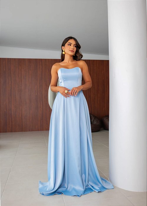 VESTIDO LONGO ZIBELINE TOMARA QUE CAIA FENDA LATERAL AZUL SERENITY