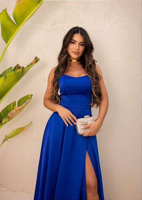 VESTIDO LONGO ZIBELINE TOMARA QUE CAIA FENDA LATERAL  AZUL ROYAL