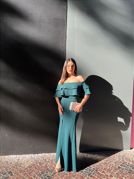 VESTIDO LONGO CREPE ESTILO SEREIA OMBRO A OMBRO VERDE ESMERALDA