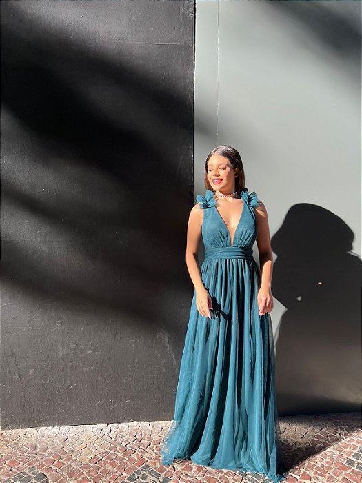 VESTIDO LONGO MICROTULE ALÇA LARGA COM BABADO DECOTE V C/TULE VERDE ESMERALDA