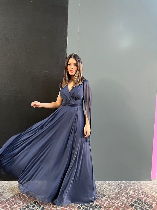 VESTIDO LONGO MICROTULE MANGA CAPA DECOTE TRANSPASSADO AZUL MARINHO CA