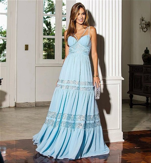 VESTIDO LONGO CHIFFON ESTILO CORPETE DETALHE RENDA SAIA AZUL SERENITY