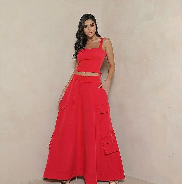 CONJUNTO ALFAIATARIA CROPPED E CALÇA VERMELHO