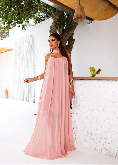 VESTIDO LONGO MICROTULE ALÇA FINA COM FAIXA EM AMARAÇÃO ROSA CA