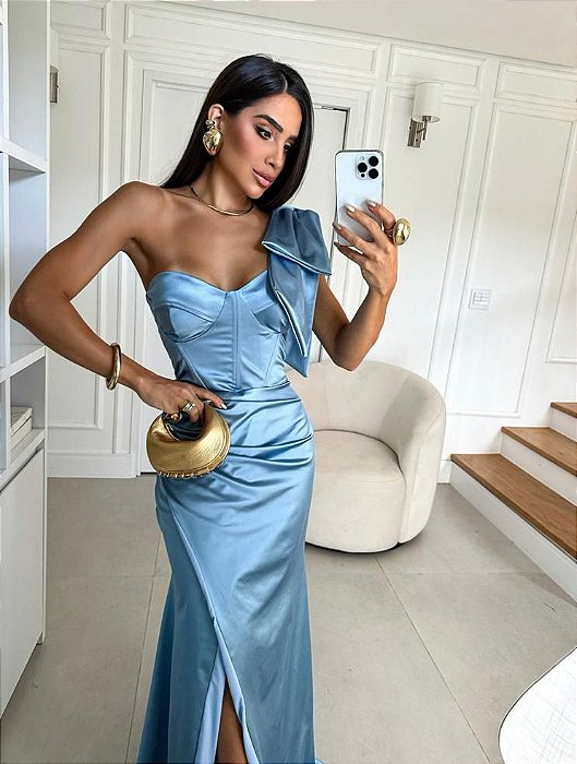 VESTIDO LONGO SEDA UM OMBRO SO ESTILO CORPETE FENDA LATERAL AZUL SERENITY
