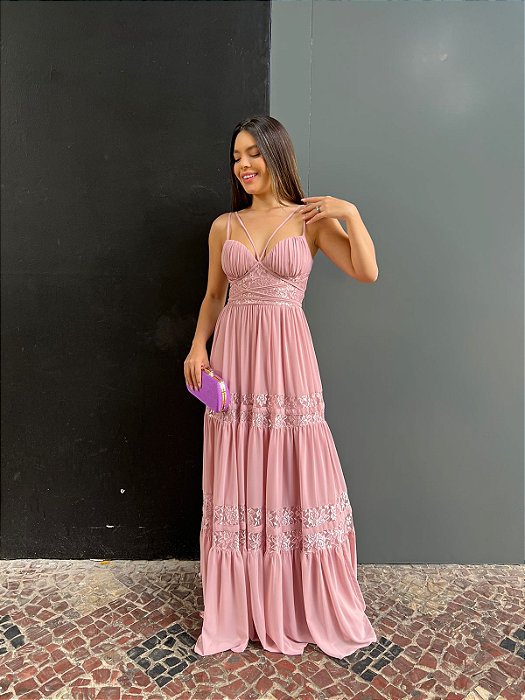 VESTIDO LONGO CHIFFON ESTILO CORPETE DETALHE RENDA SAIA ROSE