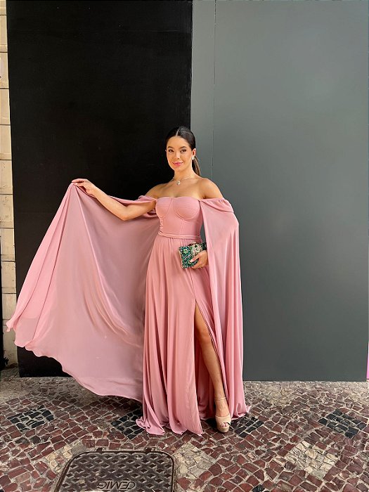 VESTIDO LONGO CHIFFON ESTILO CORPETE MANGA CAPA COM FENDA LATERAL ROSE