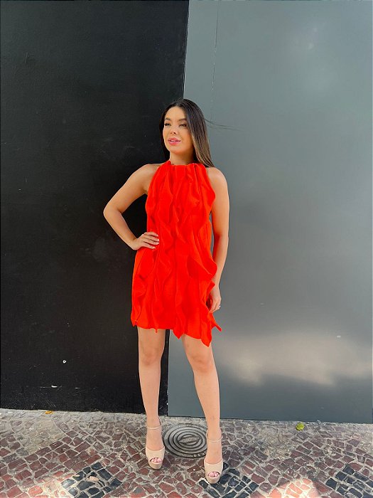 VESTIDO CURTO EM BABADO GOLA ALTA LARANJA