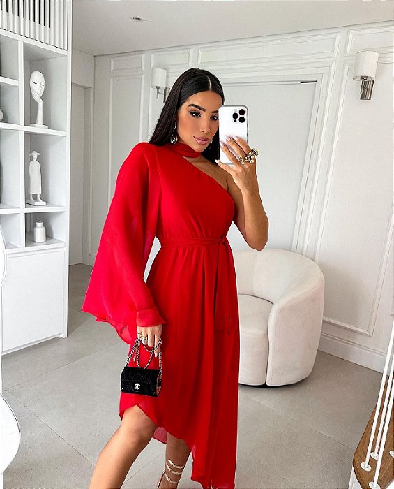 VESTIDO MIDI UM OMBRO SO SAIA COM PONTA DETALHE PESCOÇO VERMELHO