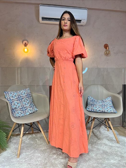 VESTIDO LONGO LINHO MEIA MANGA COSTAS VAZADA COM AMARRAÇÃO CORAL