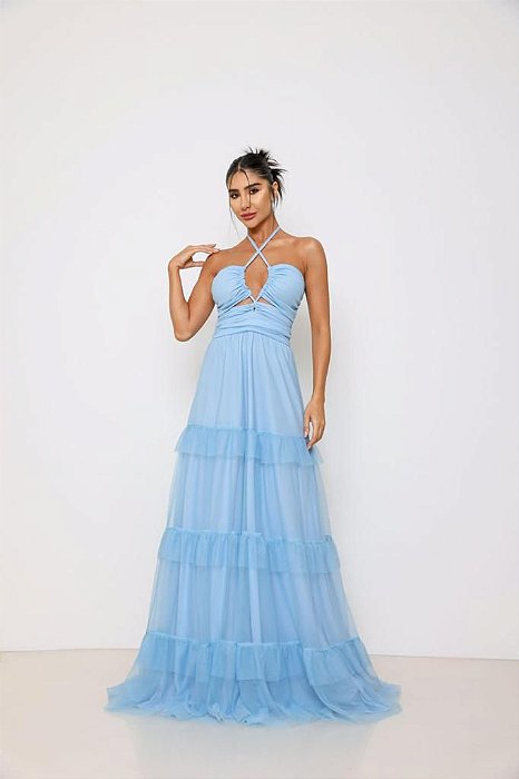 VESTIDO LONGO MICROTULE SAIA EM CAMADAS DECOTE V COM AMARRAÇÃO AZUL SERENITY DOT