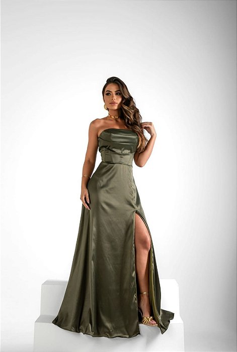 VESTIDO LONGO ZIBELINE TOMARA QUE CAIA DRAPEADO COM FENDA VERDE MUSGO