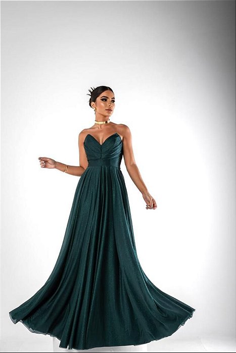 VESTIDO LONGO MICROTULE COM GLITTER TOMARA QUE CAIA DRAPEADO BUSTO VERDE PETROLEO BI
