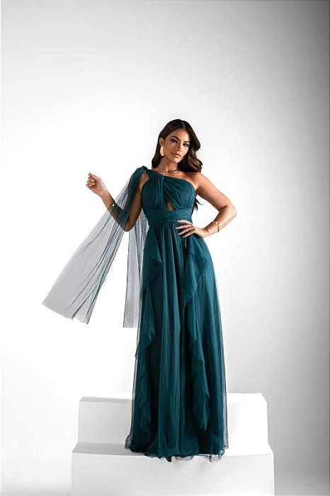 VESTIDO LONGO MICROTULE COM GLITTER UM OMBRO SO COM AMARRAÇÃO BABADO SAIA ASSIMETRICO VERDE ESMERALDA