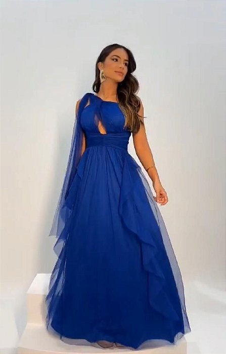VESTIDO LONGO MICROTULE UM OMBRO SO BABADO SAIA ASSIMETRICO AZUL ROYAL