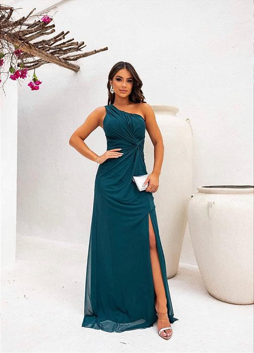 VESTIDO LONGO MICROTULE UM OMBRO SO DRAPEADO LATERAL FENDA VERDE PETROLEO