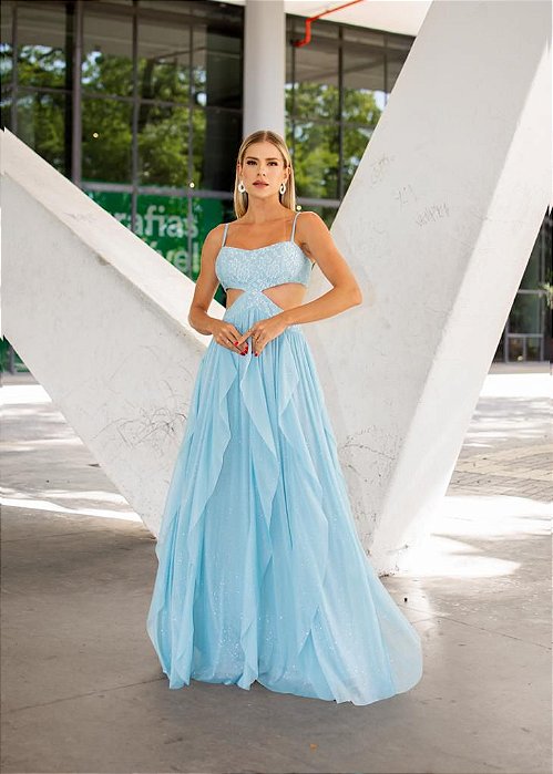 VESTIDO LONG MIX DE RENDA C/LUREX CORPETE RECORTE LATERAL SAIA BABADADOS ASSIMETRICOS AZUL SERENITY